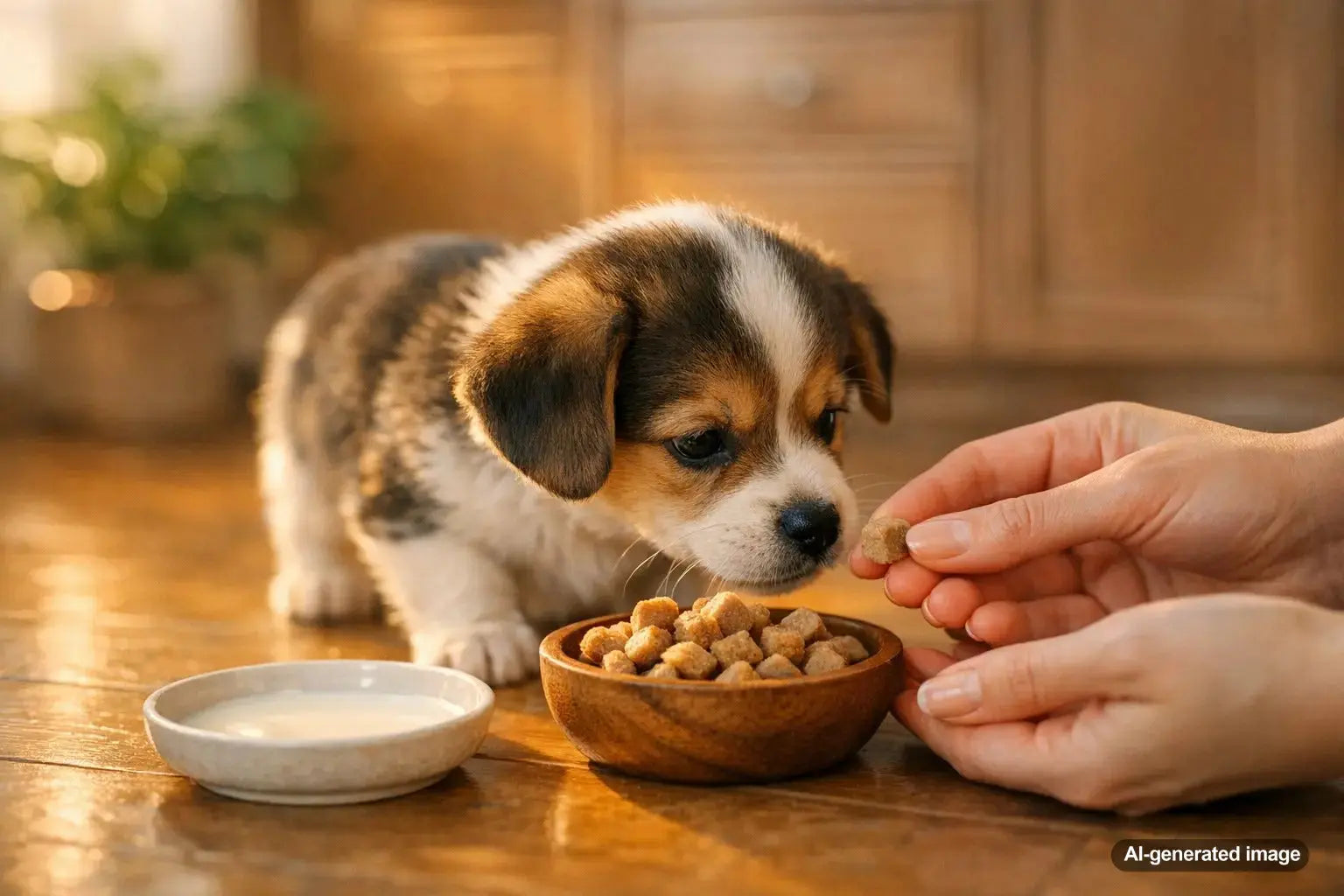 Puppy safely transitioning from milk to solid dog treats without digestive upset