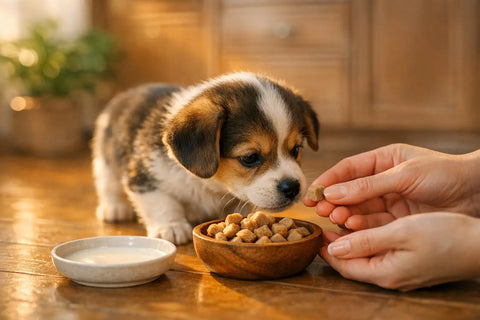Puppy safely transitioning from milk to solid dog treats without digestive upset