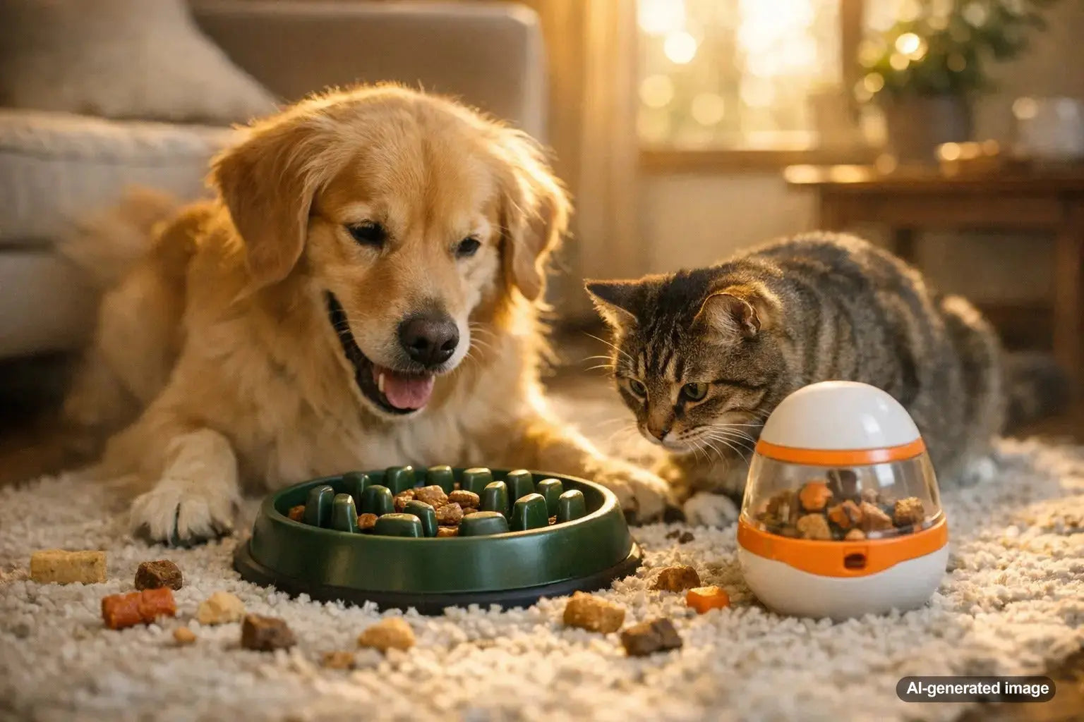 Dog using a slow feeder bowl with treat dispensing toy safely at home
