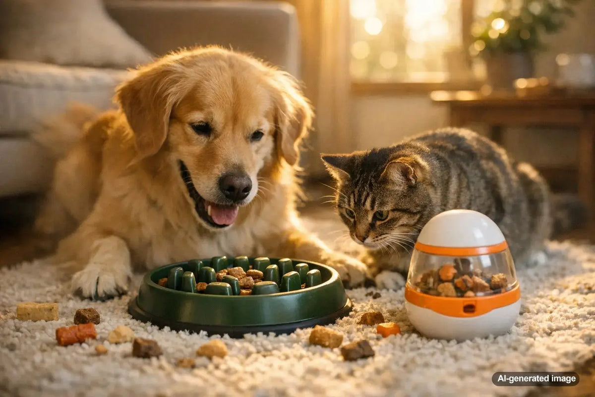 Dog using a slow feeder bowl with treat dispensing toy safely at home