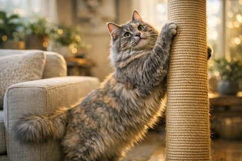 Cat scratching post instead of furniture in a cozy living room