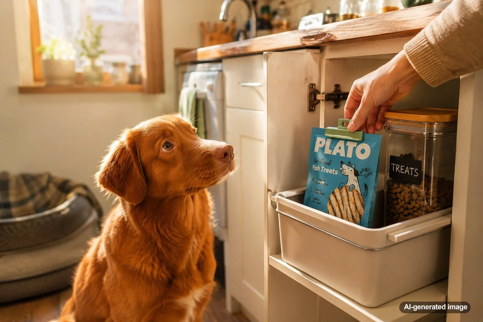 Opened dog treat bags neatly organized in compact storage in a small kitchen