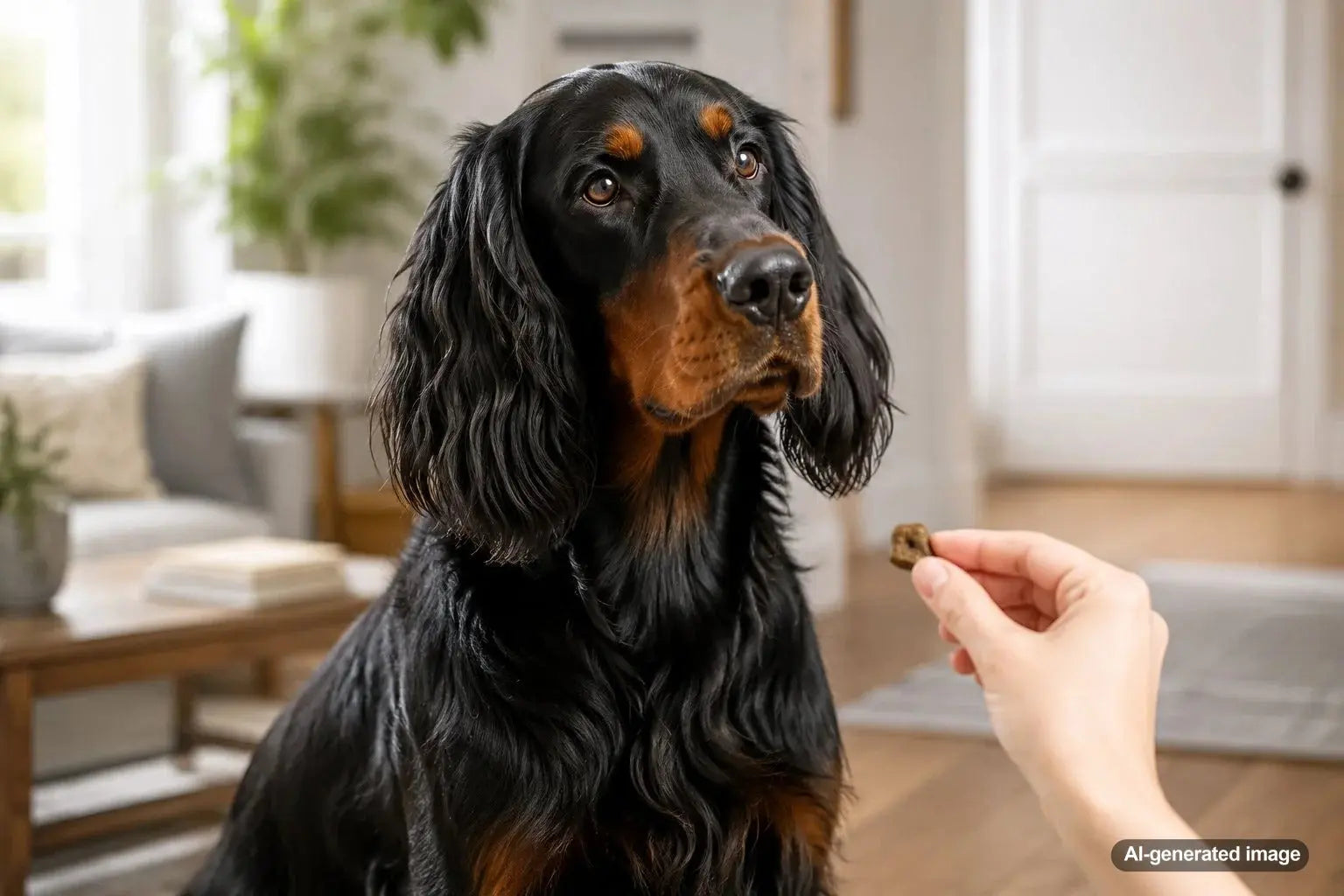 Active Gordon Setter enjoying healthy rewards during an outdoor training session