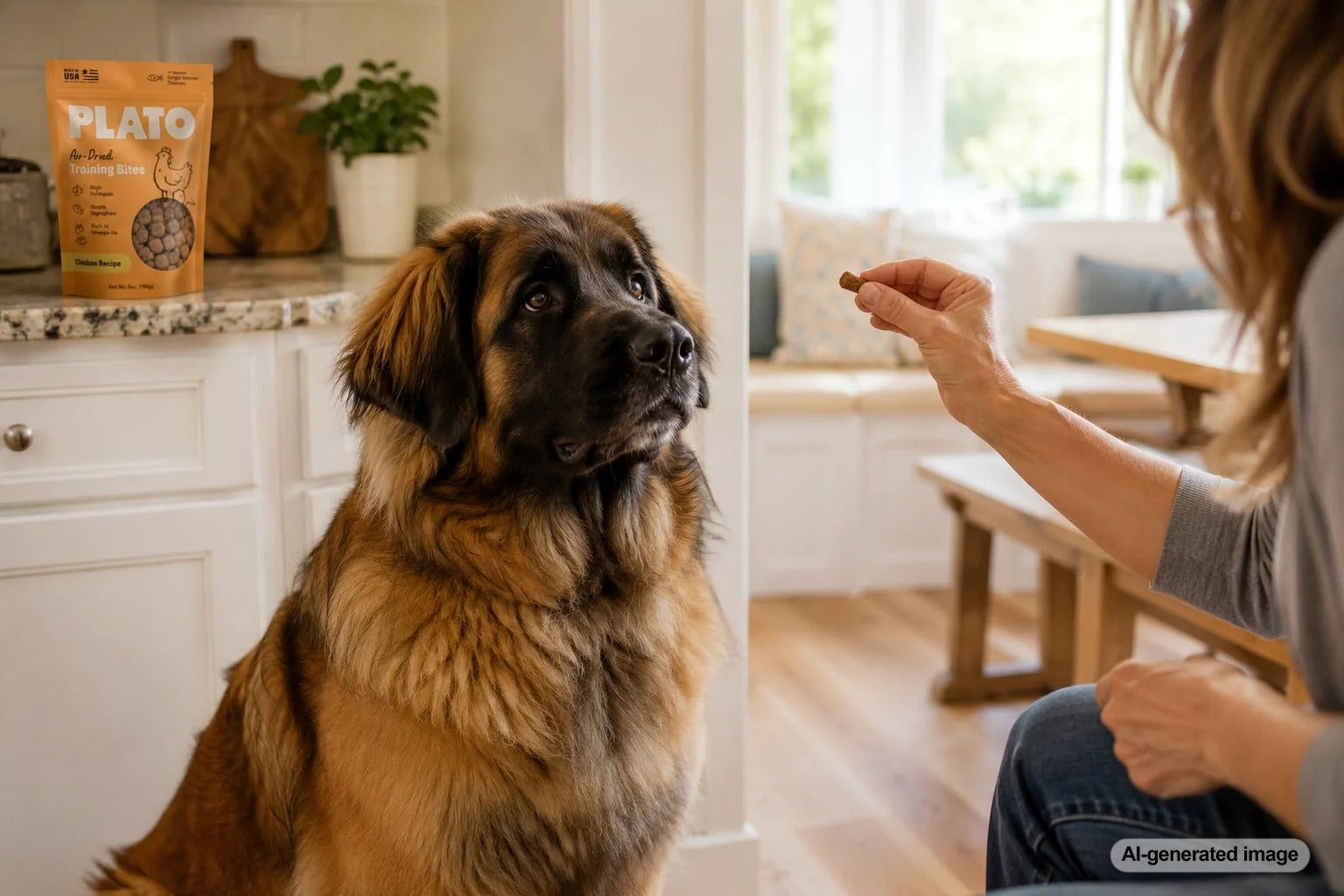 Leonberger practicing calm, reward-based training with small dog treats