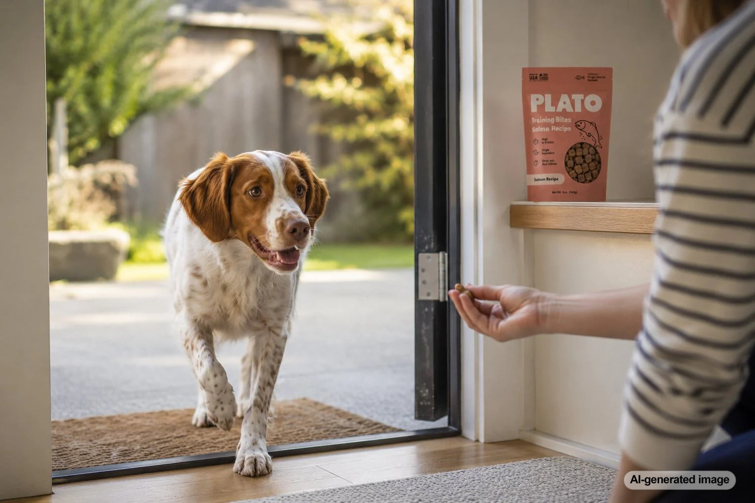 Happy dog coming inside from the backyard for a training treat without starting a chase game