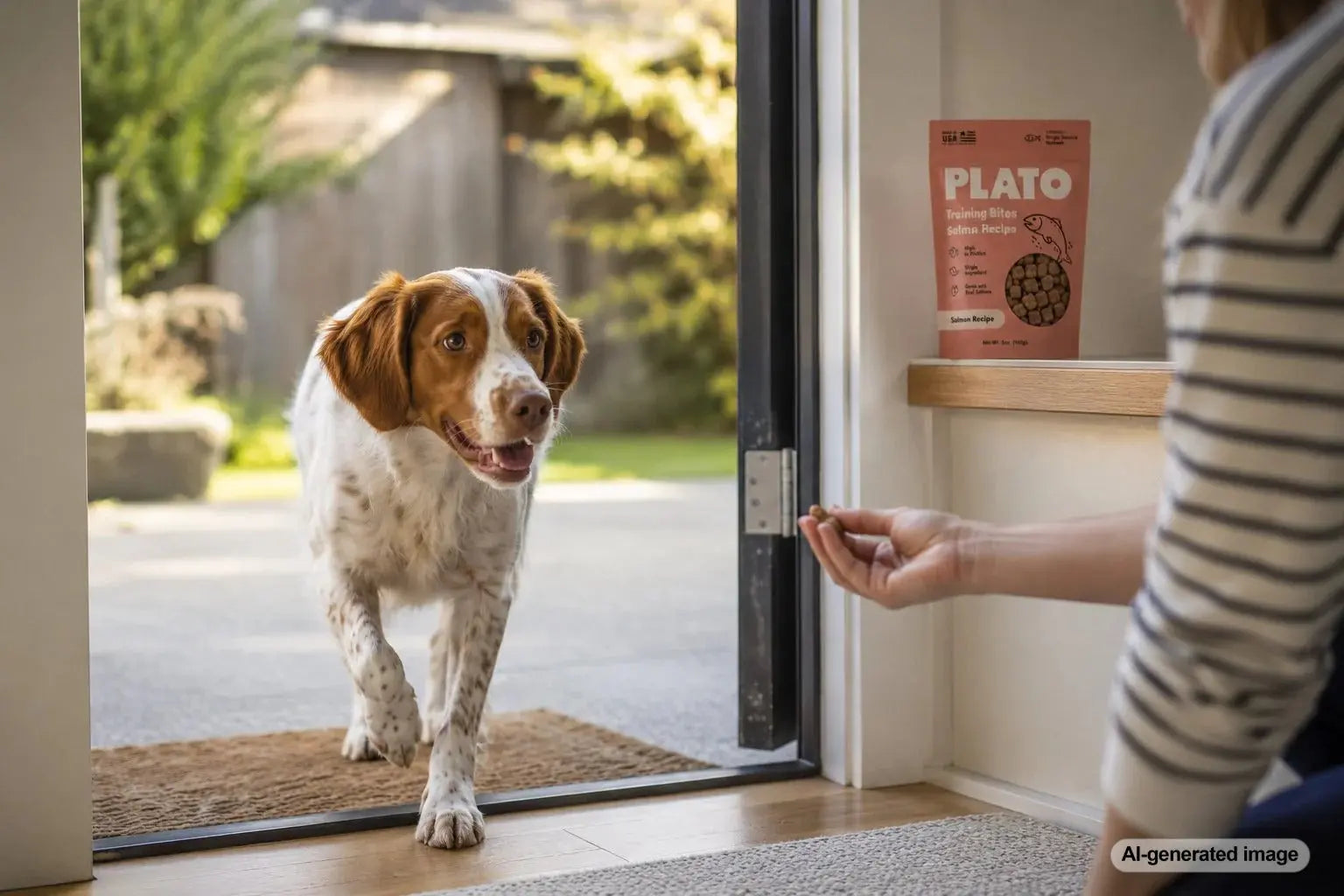Happy dog coming inside from the backyard for a training treat without starting a chase game