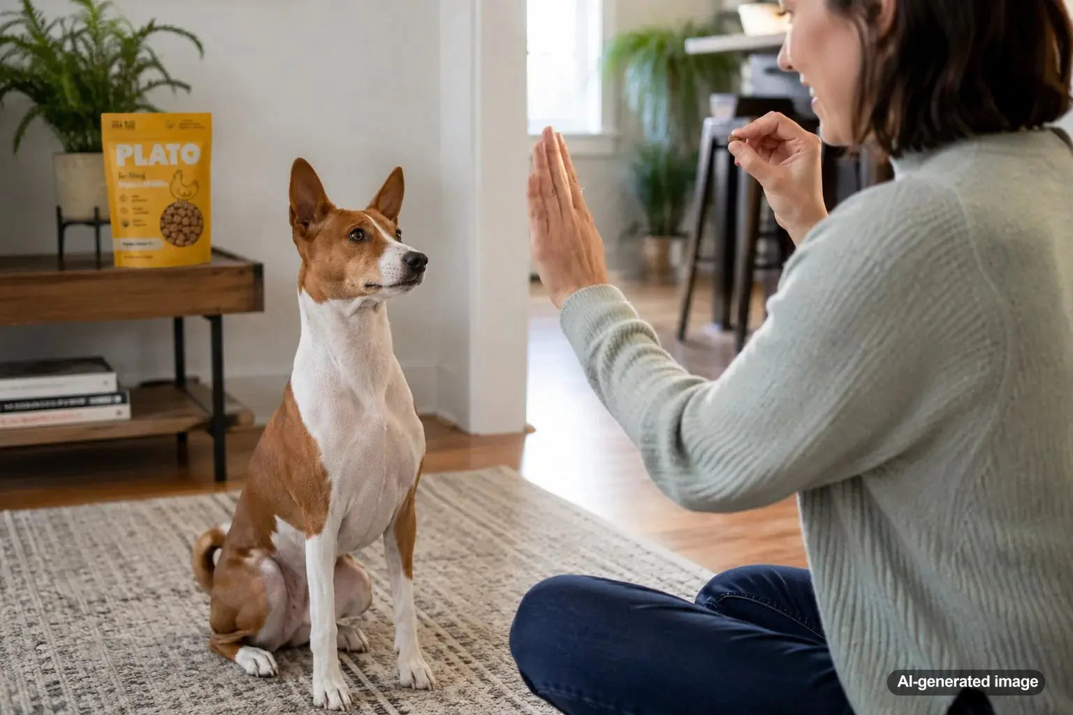 Dog training moment showing a dog learning to wait politely for treats during positive reinforcement training