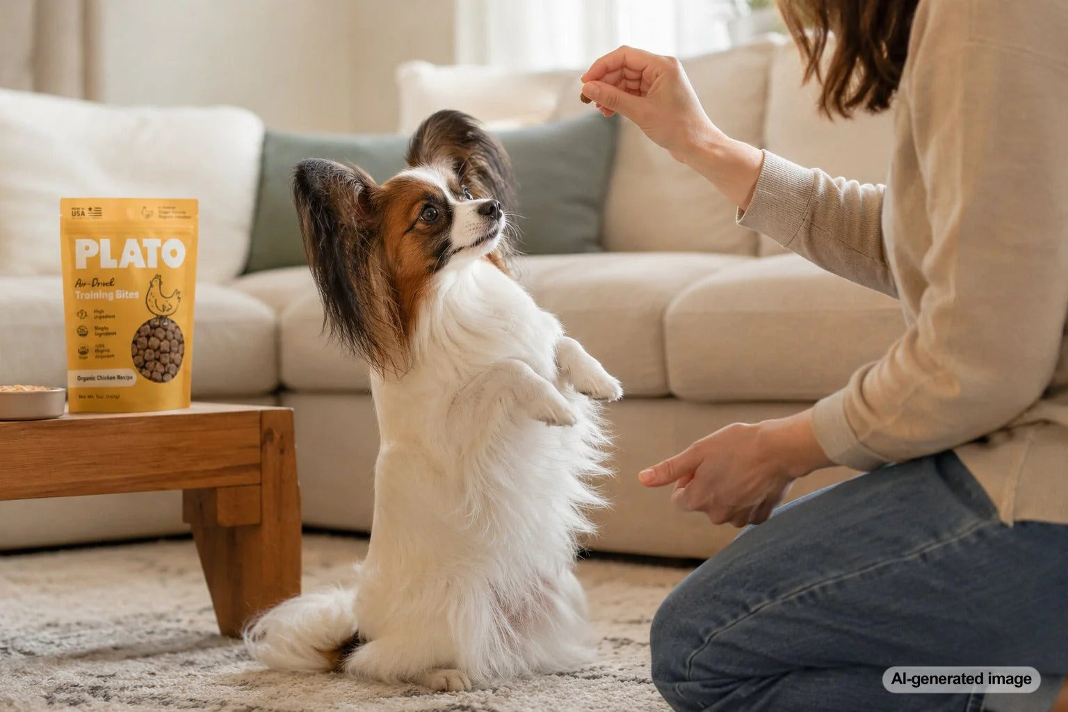 Papillon learning tricks with tiny training treats from Plato Pet Treats