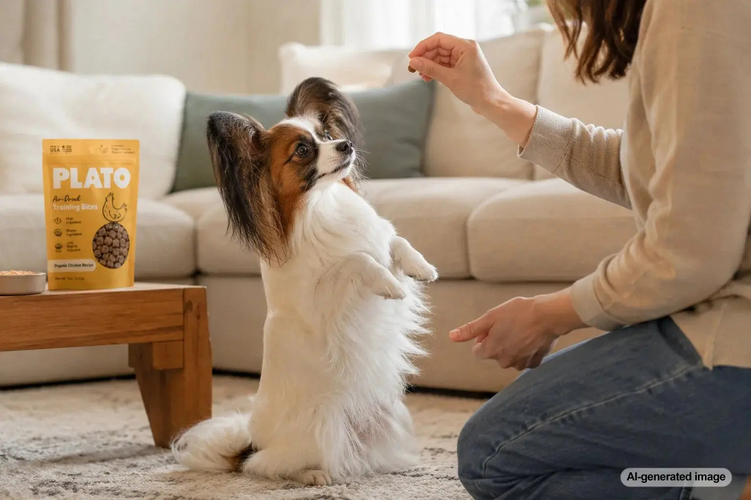 Papillon learning tricks with tiny training treats from Plato Pet Treats