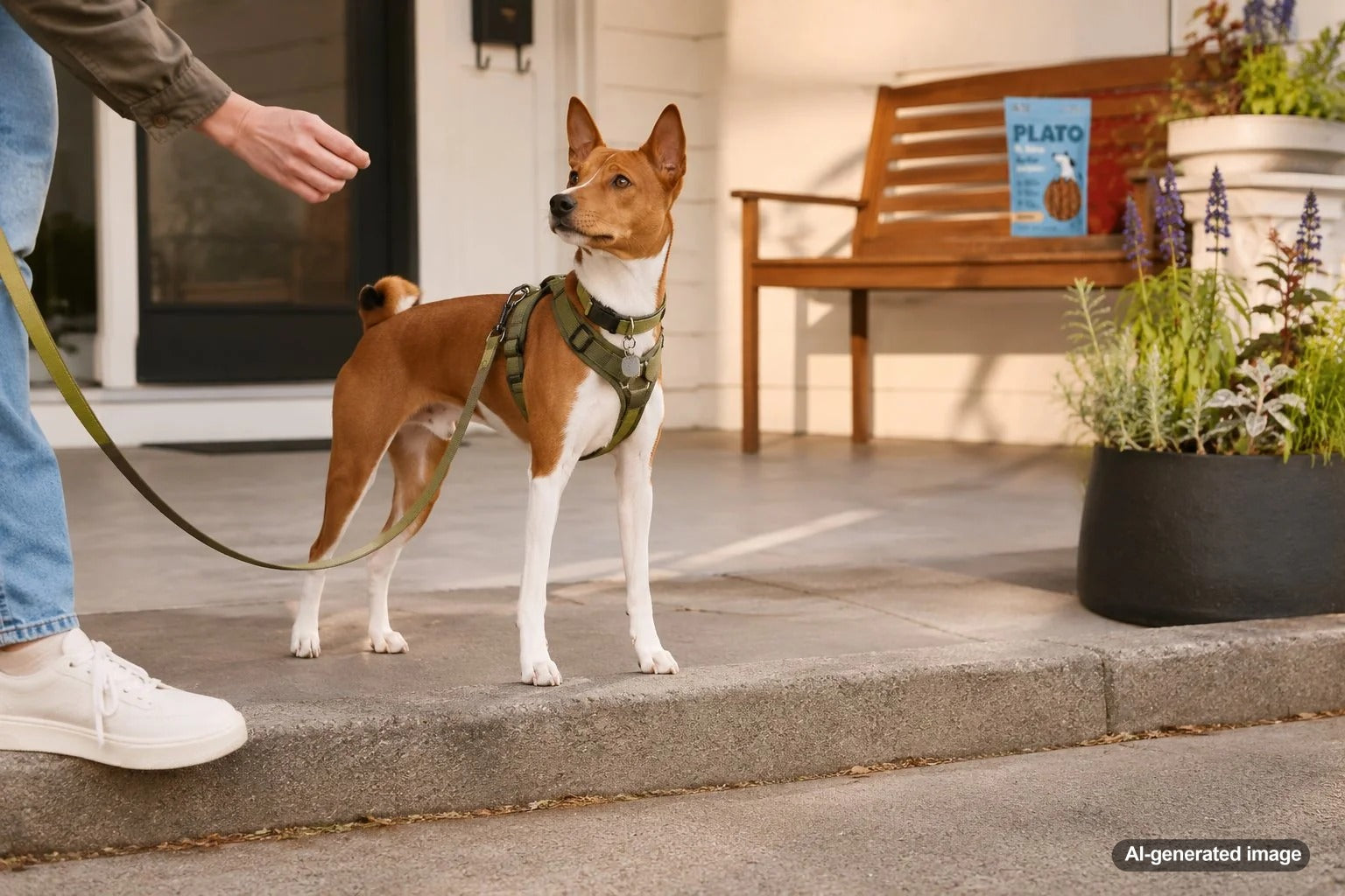 Dog pausing with its owner at a curb during a training walk