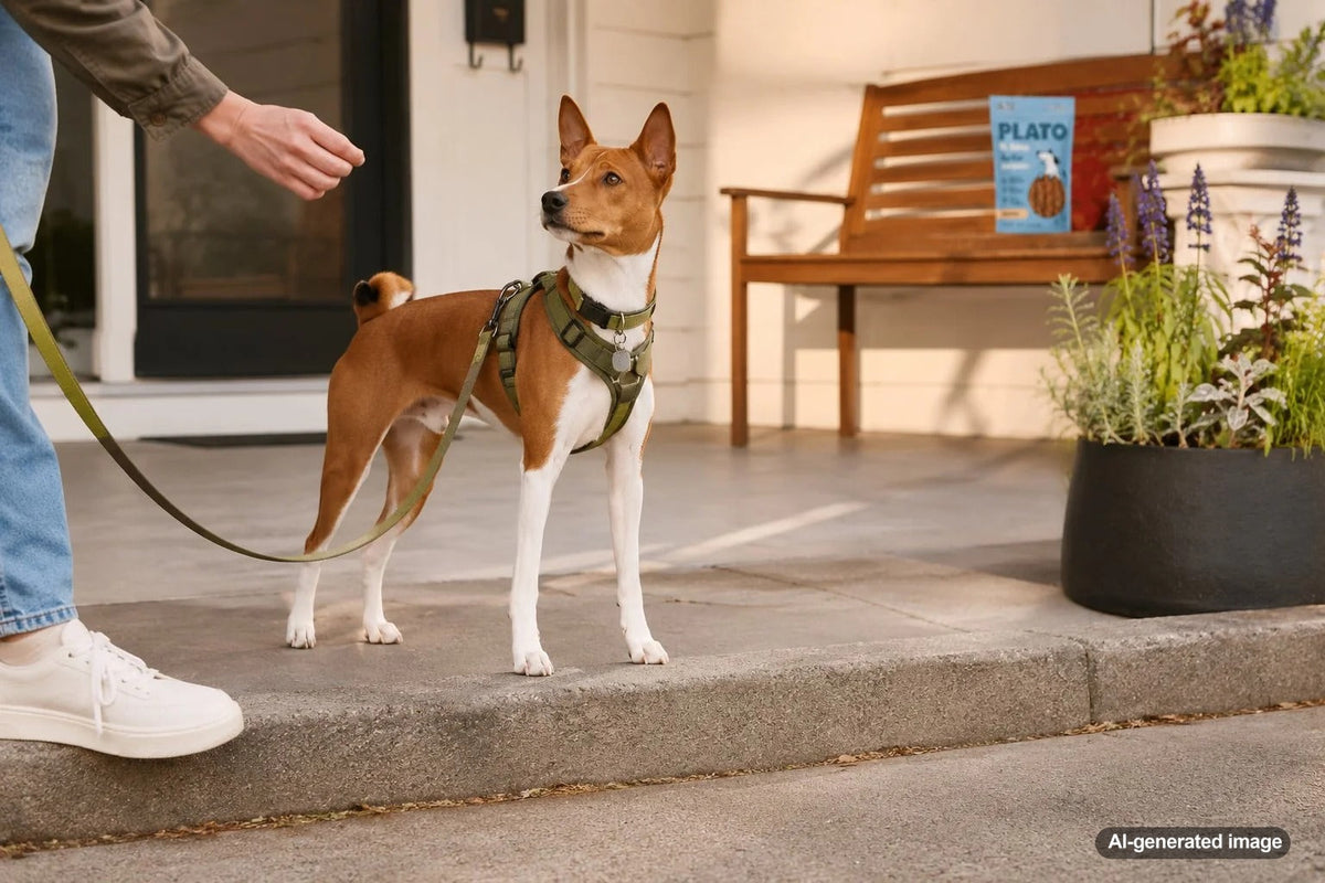 Dog pausing with its owner at a curb during a training walk