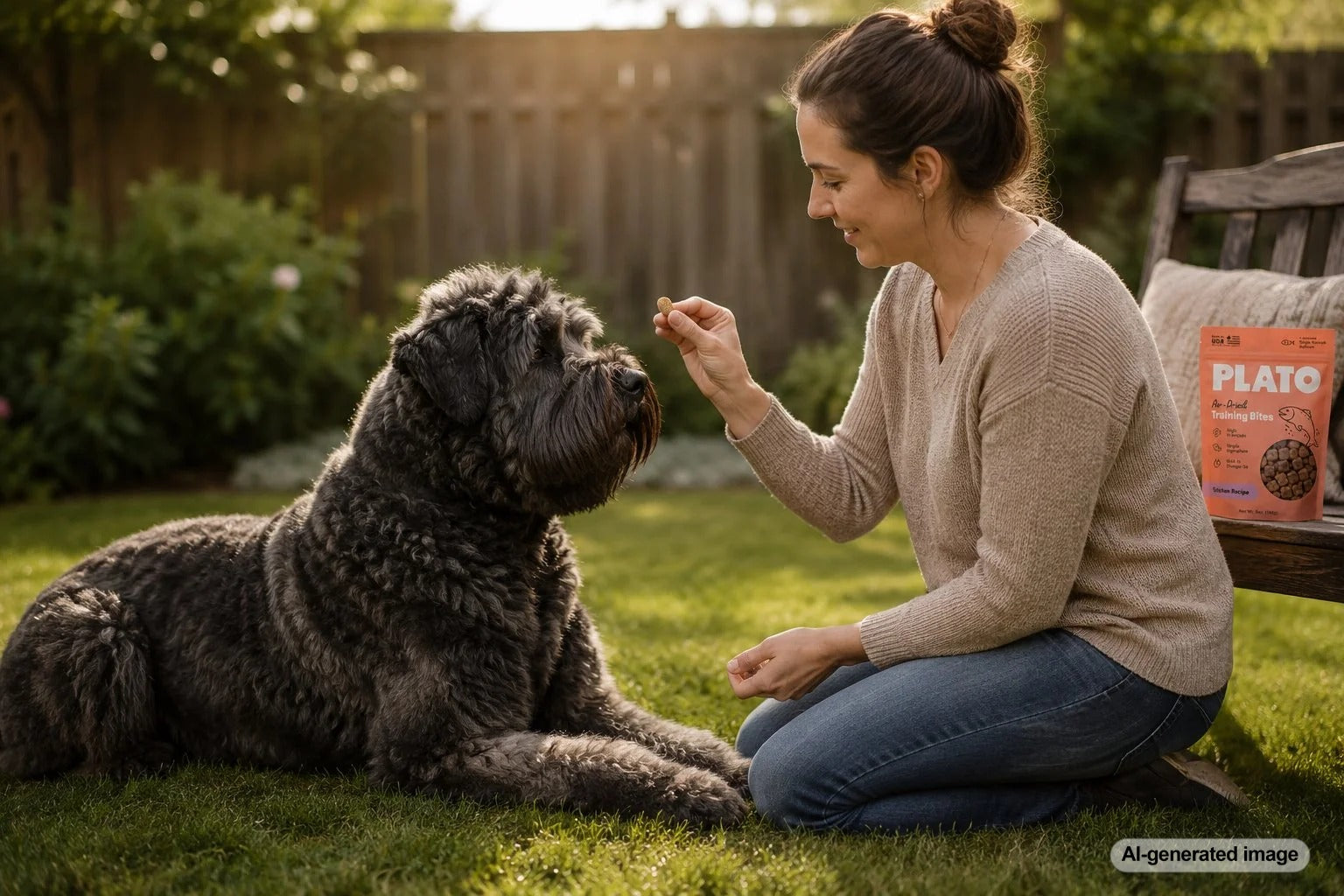 Bouvier des Flandres calmly practicing reward-based training with its owner at home