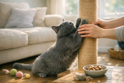 Cat learning to use a scratching post instead of furniture