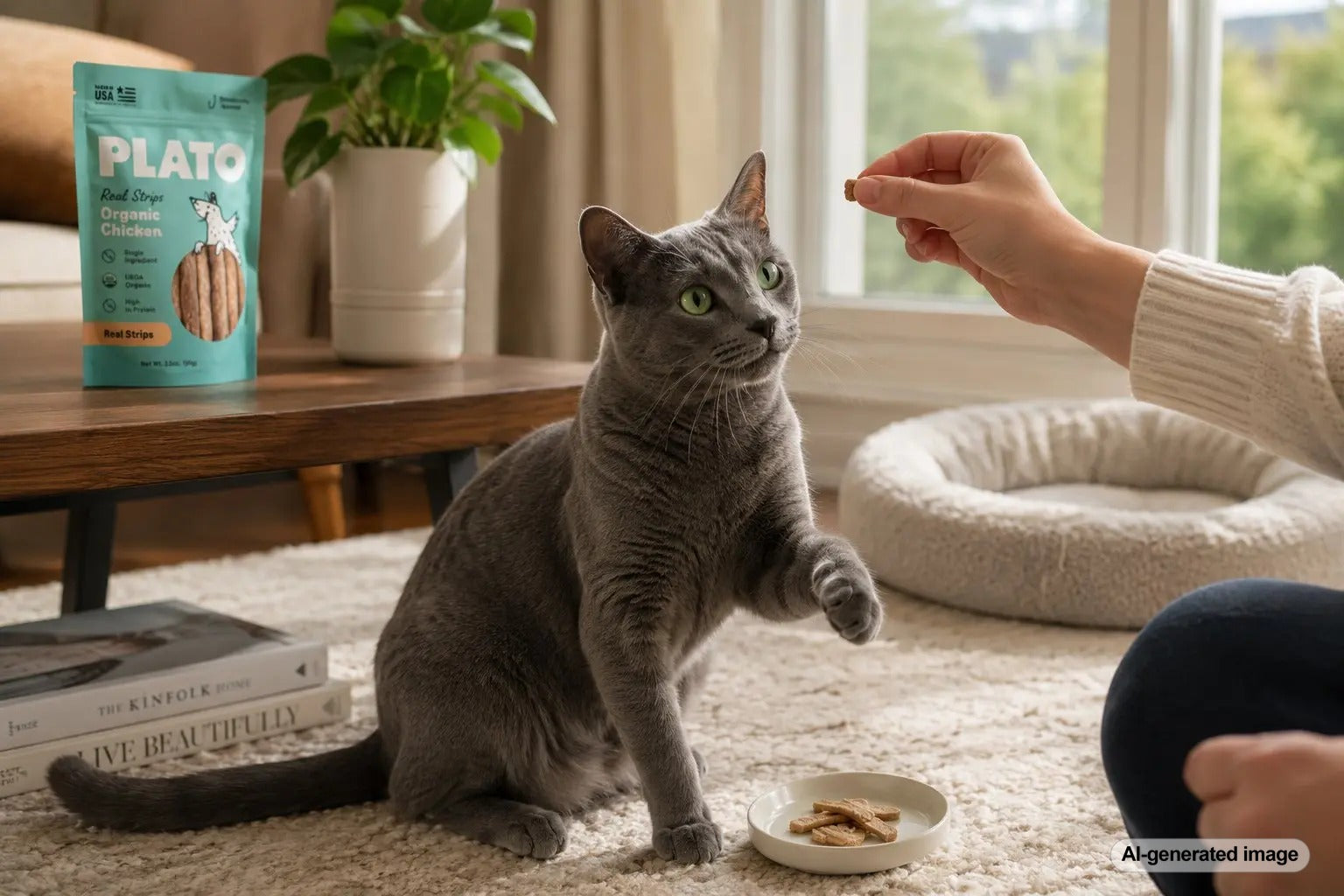 Indoor cat enjoying portion-controlled Plato cat treats for weight control
