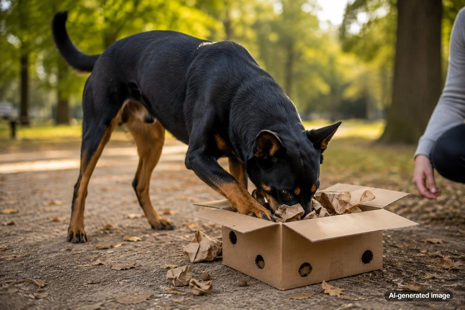 Dog exploring a cardboard box enrichment game with hidden treats and crumpled paper