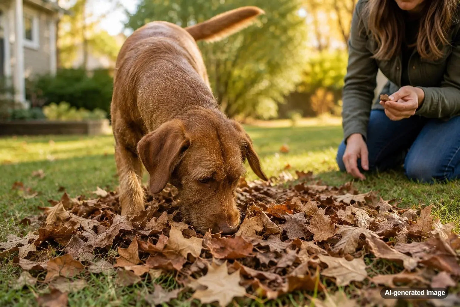 Dog searching through dry backyard leaves during a supervised sniffing game
