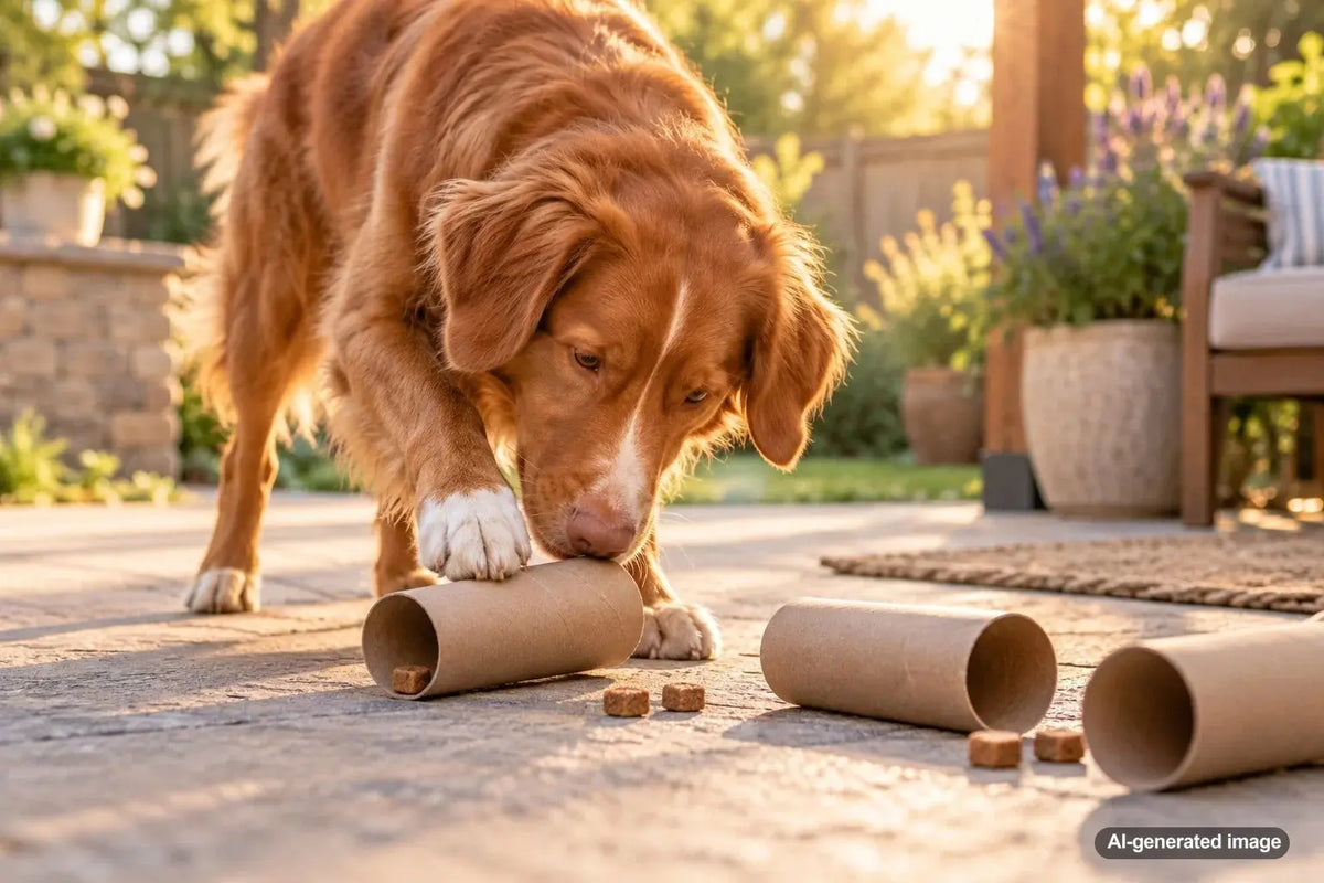 Dog investigating cardboard tubes filled with treats during a supervised enrichment game