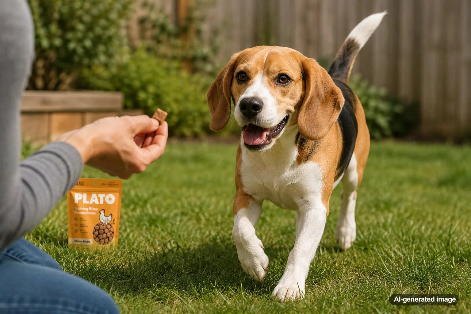 Beagle practicing recall training with high-value dog treats