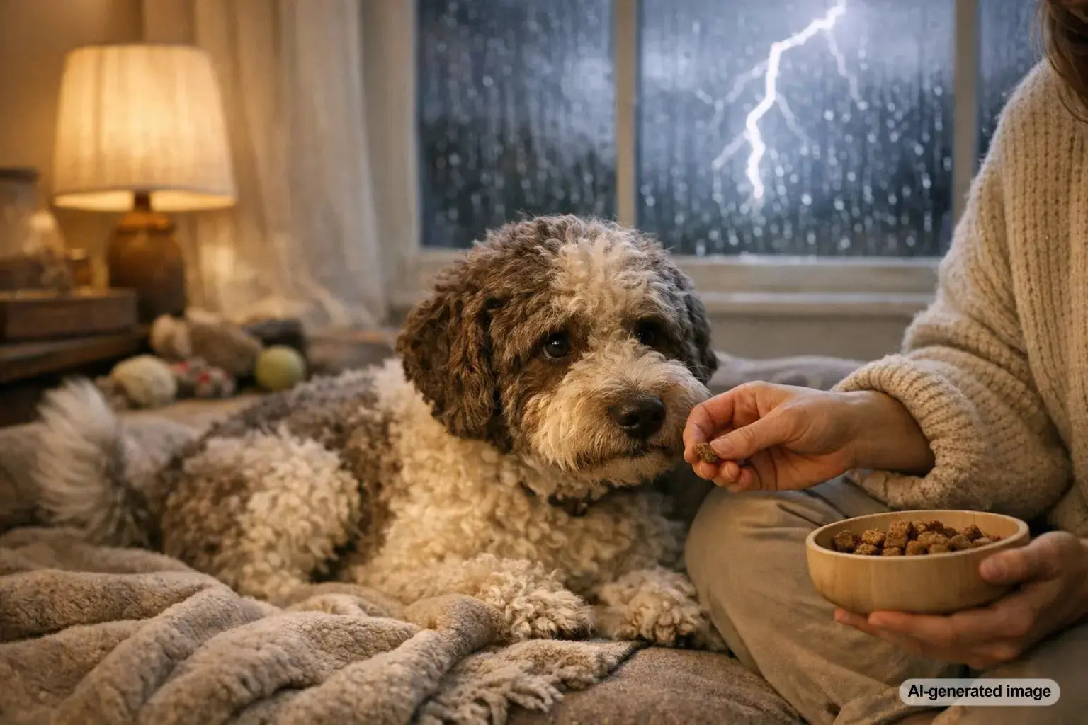 Dog staying calm indoors during a thunderstorm with comforting treats