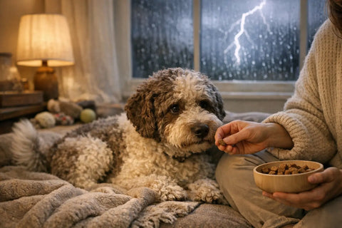 Dog staying calm indoors during a thunderstorm with comforting treats