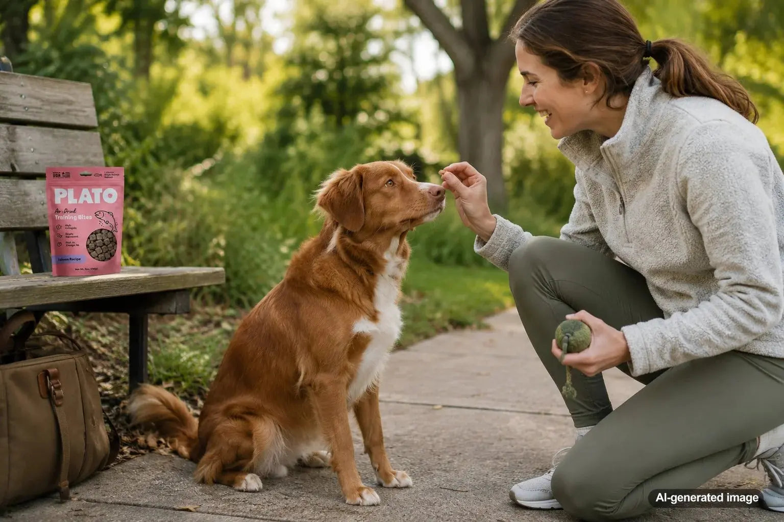 Dog owner using praise, play, and training treats during a positive dog training session