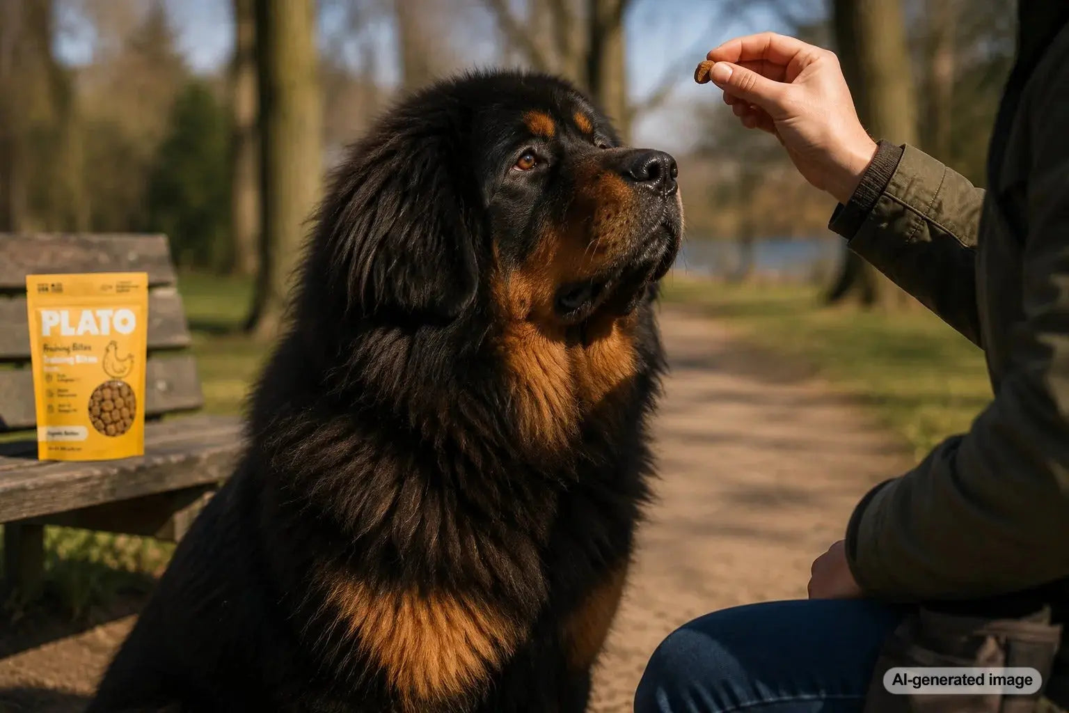 Tibetan Mastiff receiving a training reward during a calm positive reinforcement session