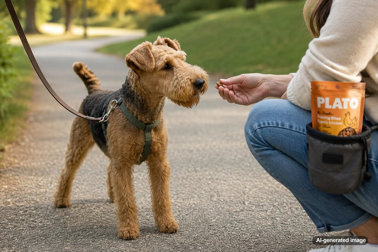Dog receiving a soft training treat during a calm introduction to a new person and environment