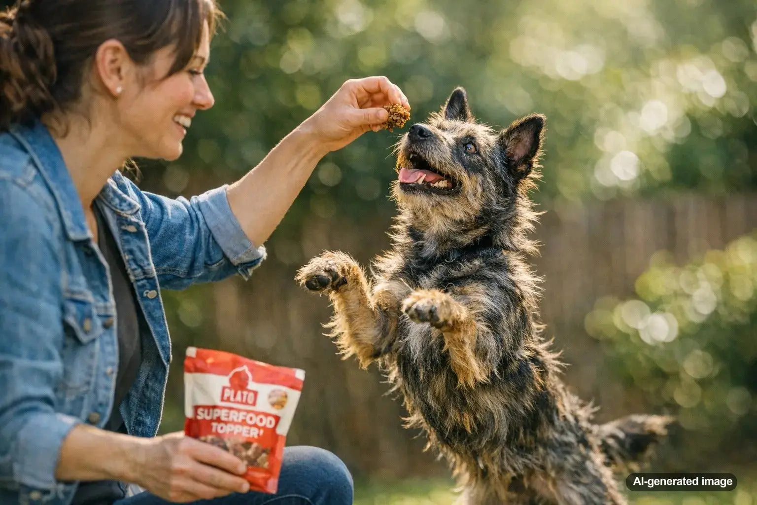 Dog food bowl with tasty toppers for dogs from Plato Pet Treats