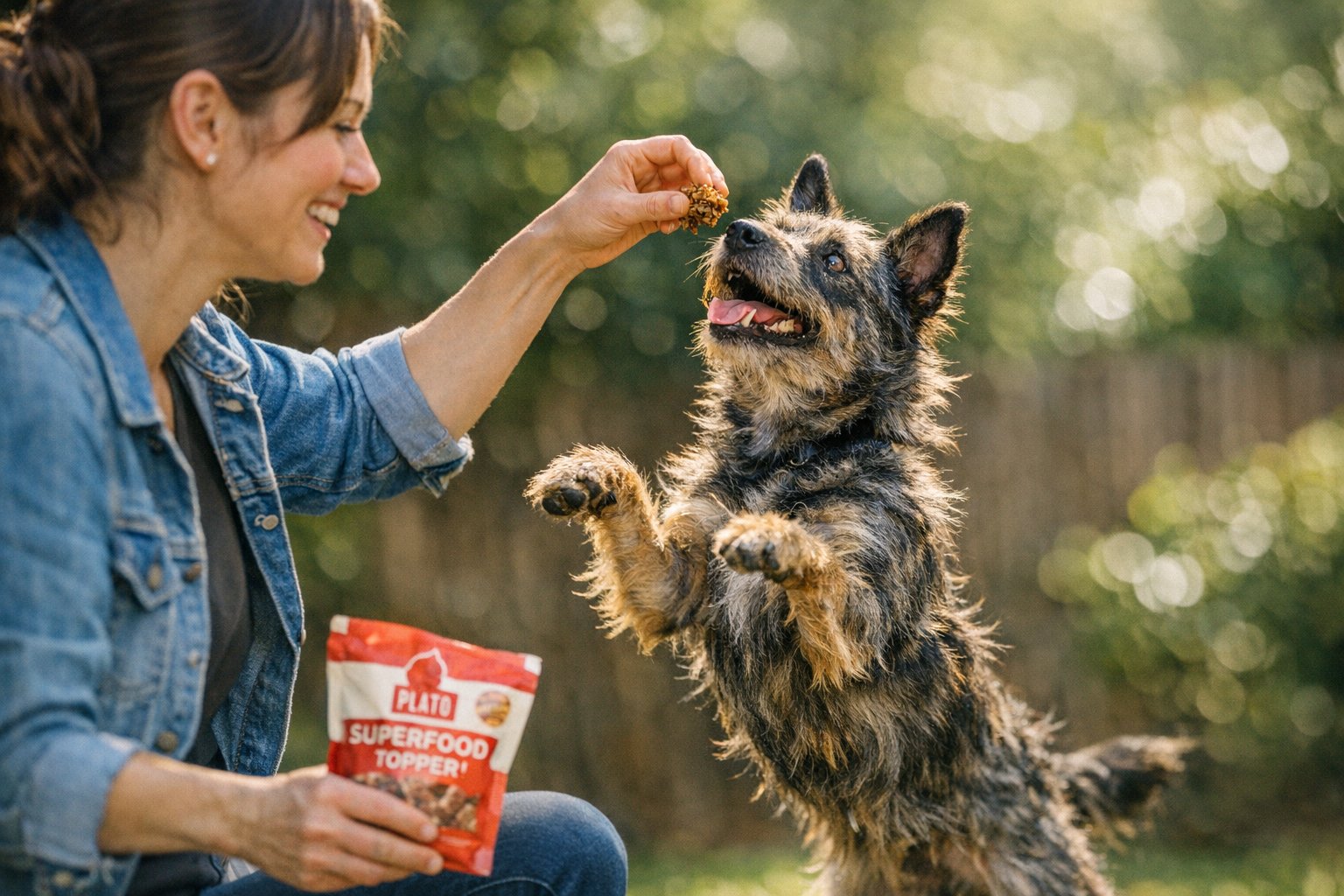 Dog food bowl with tasty toppers for dogs from Plato Pet Treats