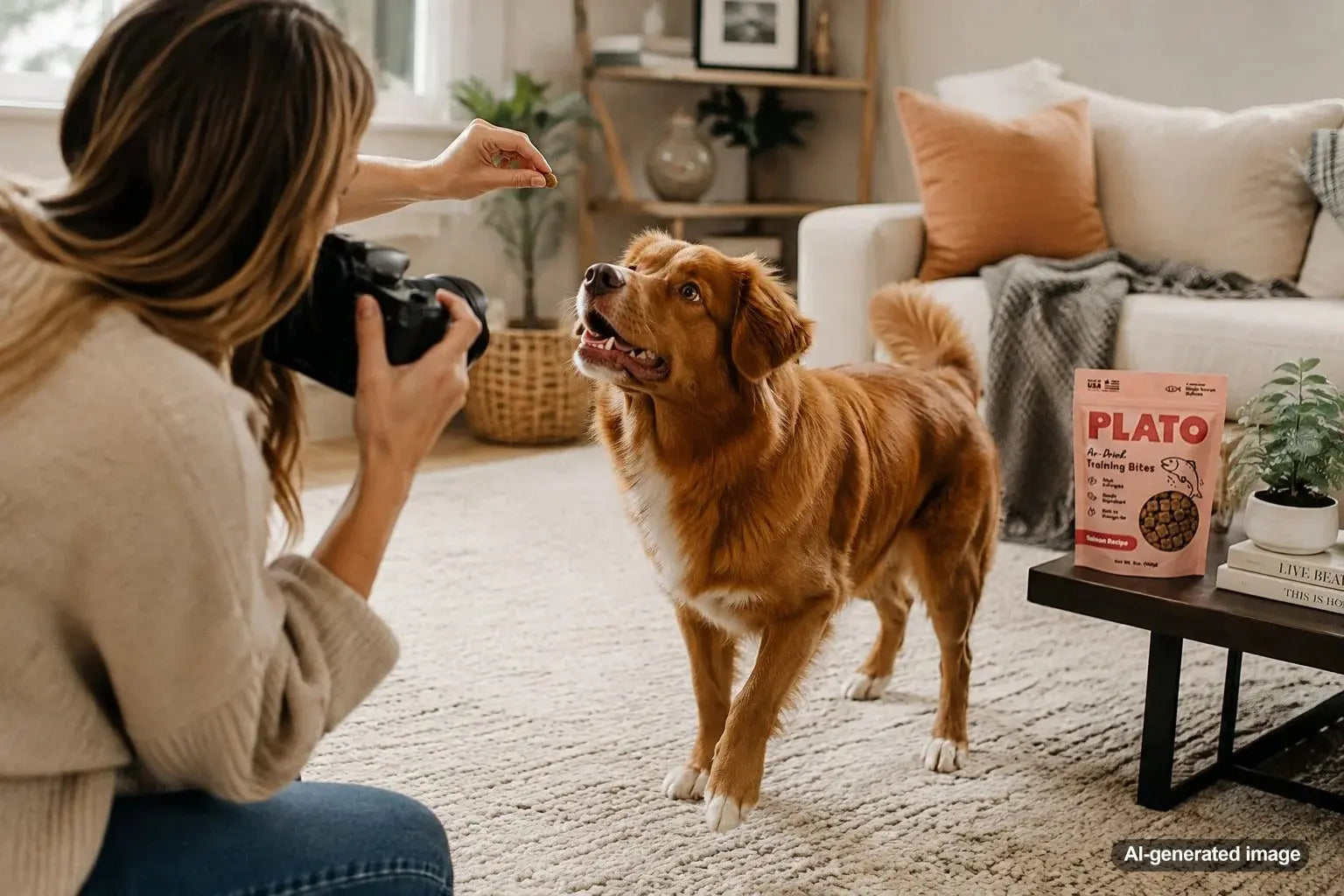 Dog staying focused with treats during a friendly pet photo session