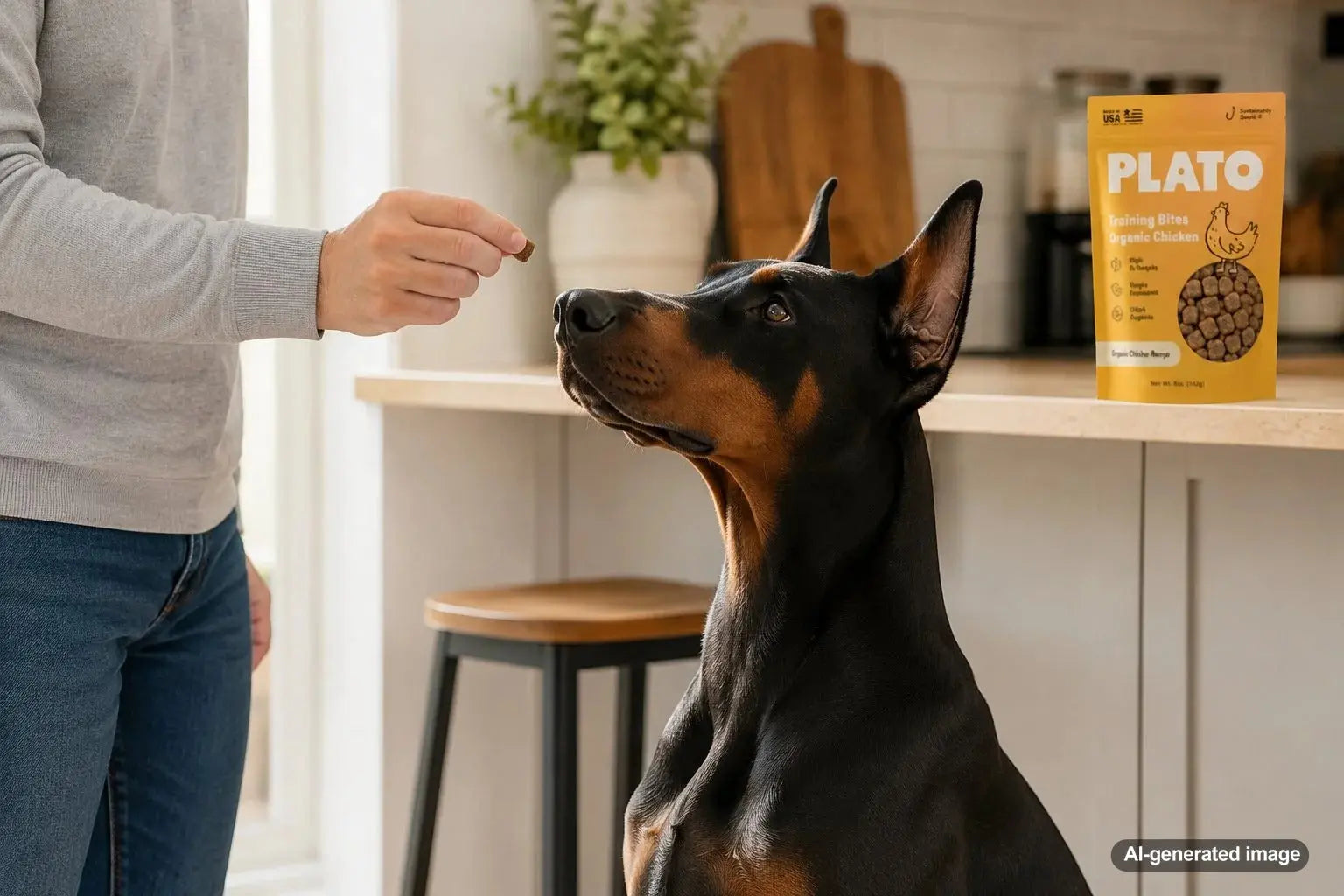 Doberman Pinscher practicing focus training with small dog treats