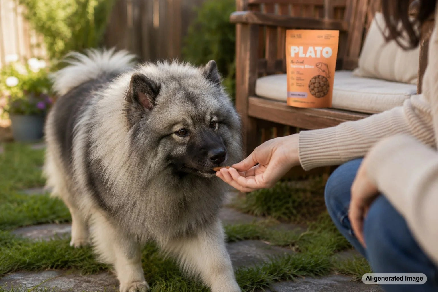 Dog calmly receiving a training treat during gentle socialization with a new person
