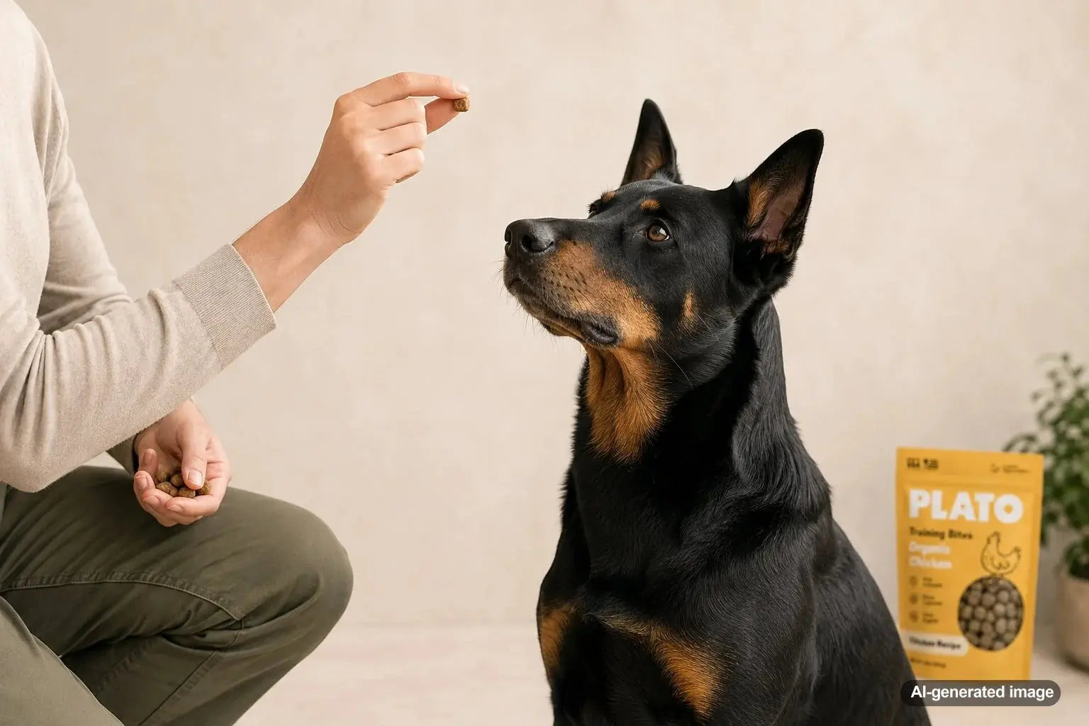 Beauceron practicing precision training with bite-size dog treats