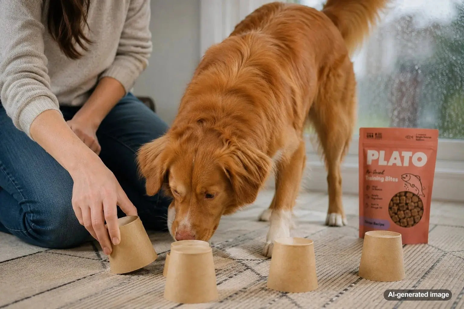 Dog searching for treats during a rainy-day indoor enrichment game