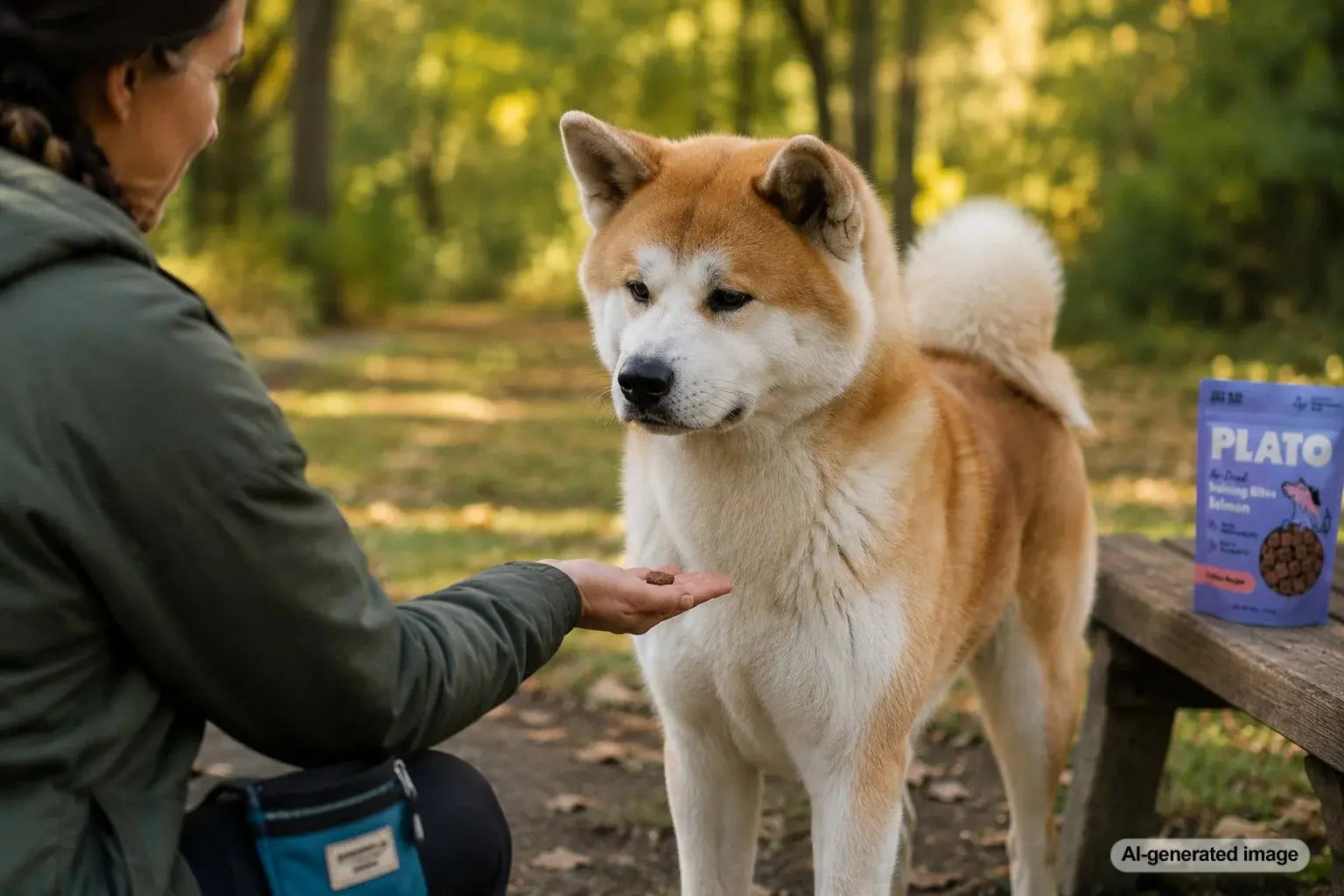 Reserved Akita calmly accepting a respectful training treat from its owner