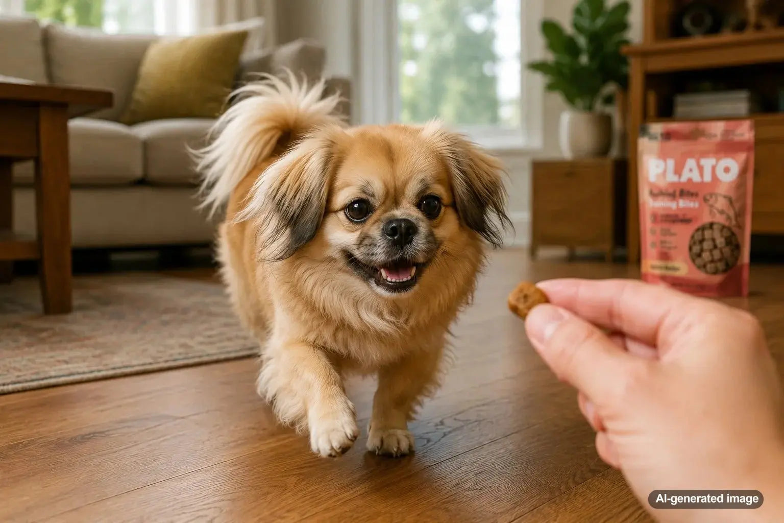 Tibetan Spaniel returning to its owner during an outdoor recall training session with treats
