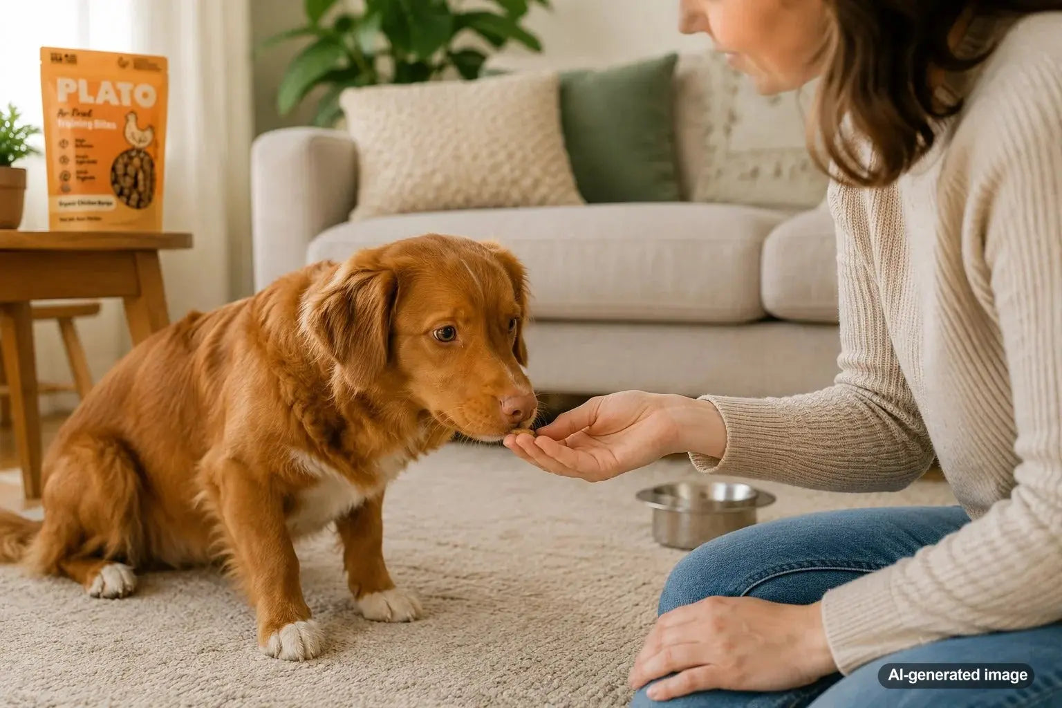 Newly adopted dog building trust with its owner through positive reinforcement and treats