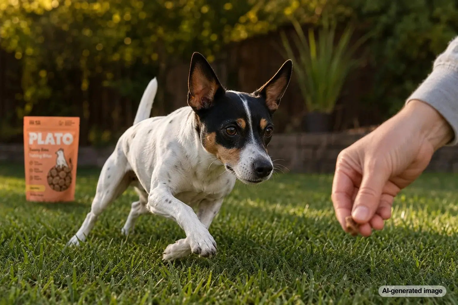 Rat Terrier practicing chase-drive control with training treats during an outdoor training session