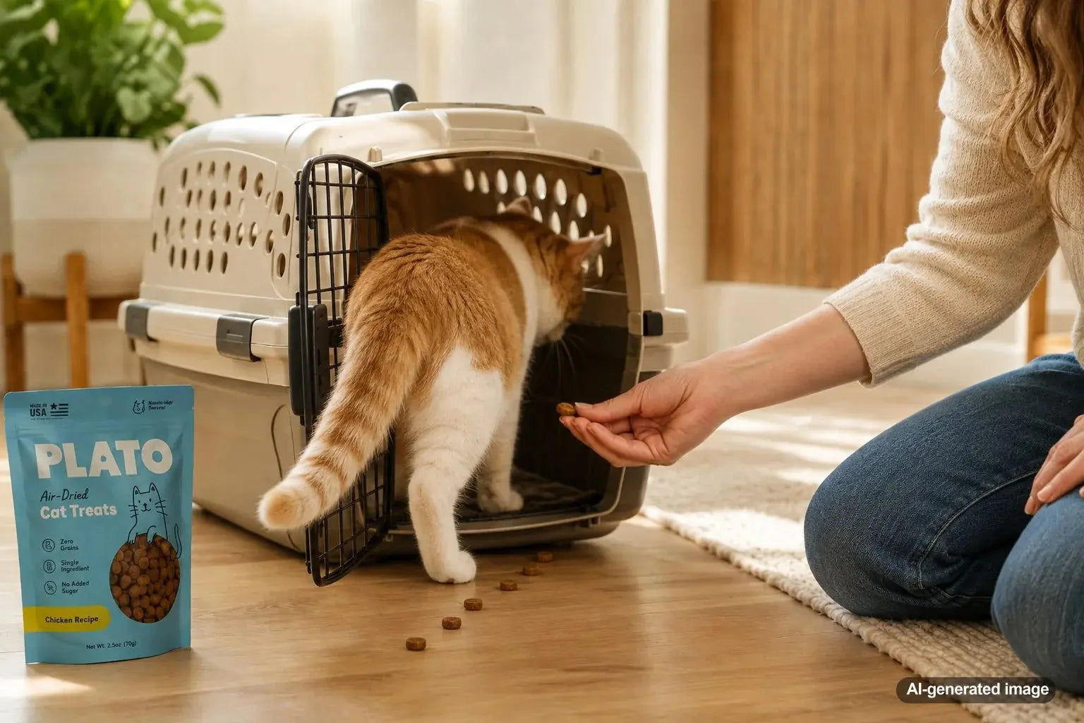 Cat being encouraged to enter a pet carrier with treats during positive carrier training