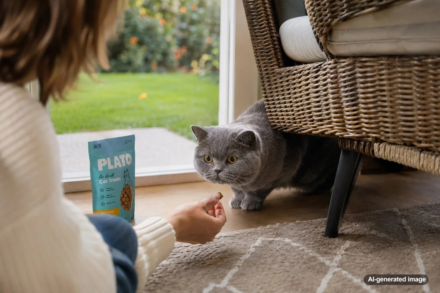 Shy British Shorthair cat slowly coming out of hiding after being encouraged with healthy cat treats