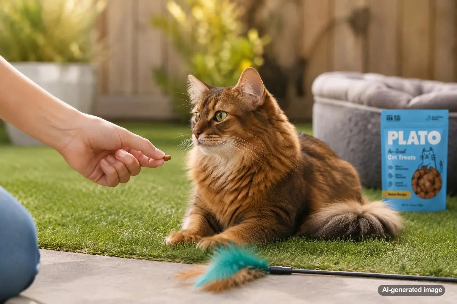 Cat receiving a treat after an interactive play session as part of a calm wind-down routine