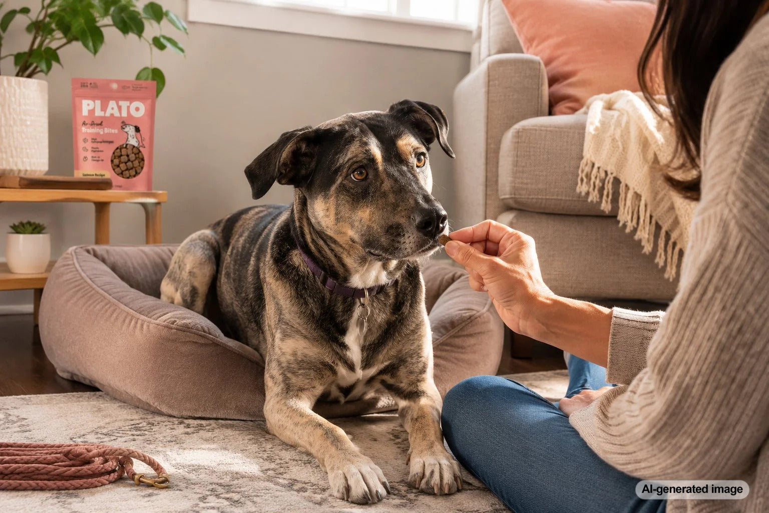 Rescue dog receiving a small training treat while settling into a calm and welcoming home