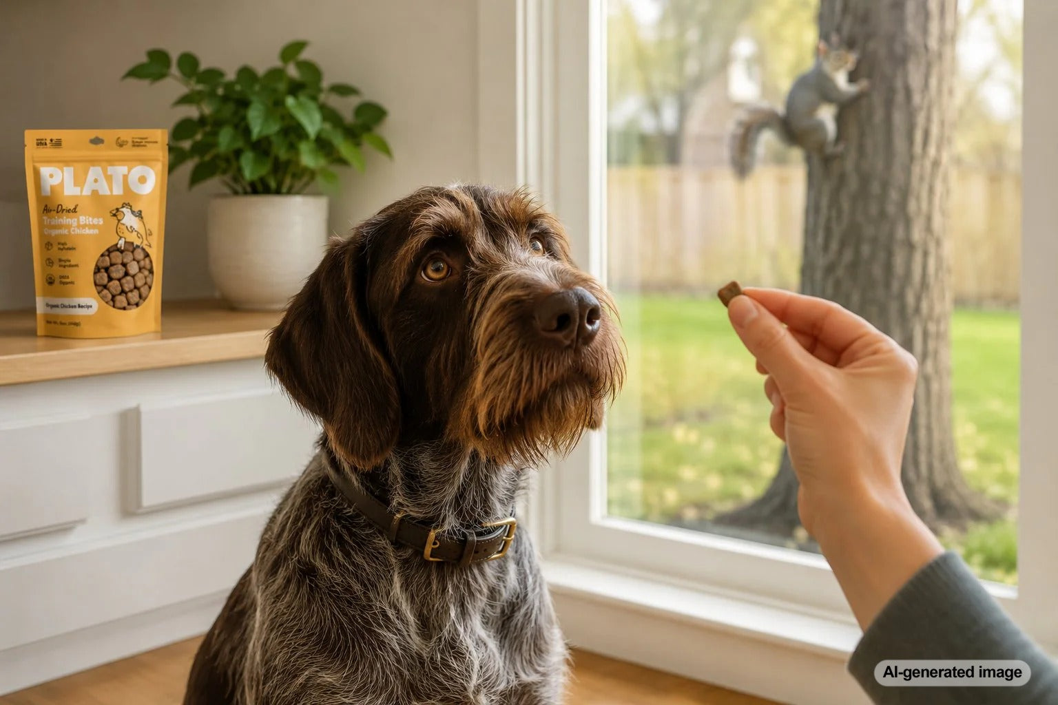 Dog focusing on its owner for a training treat while ignoring a squirrel during a walk