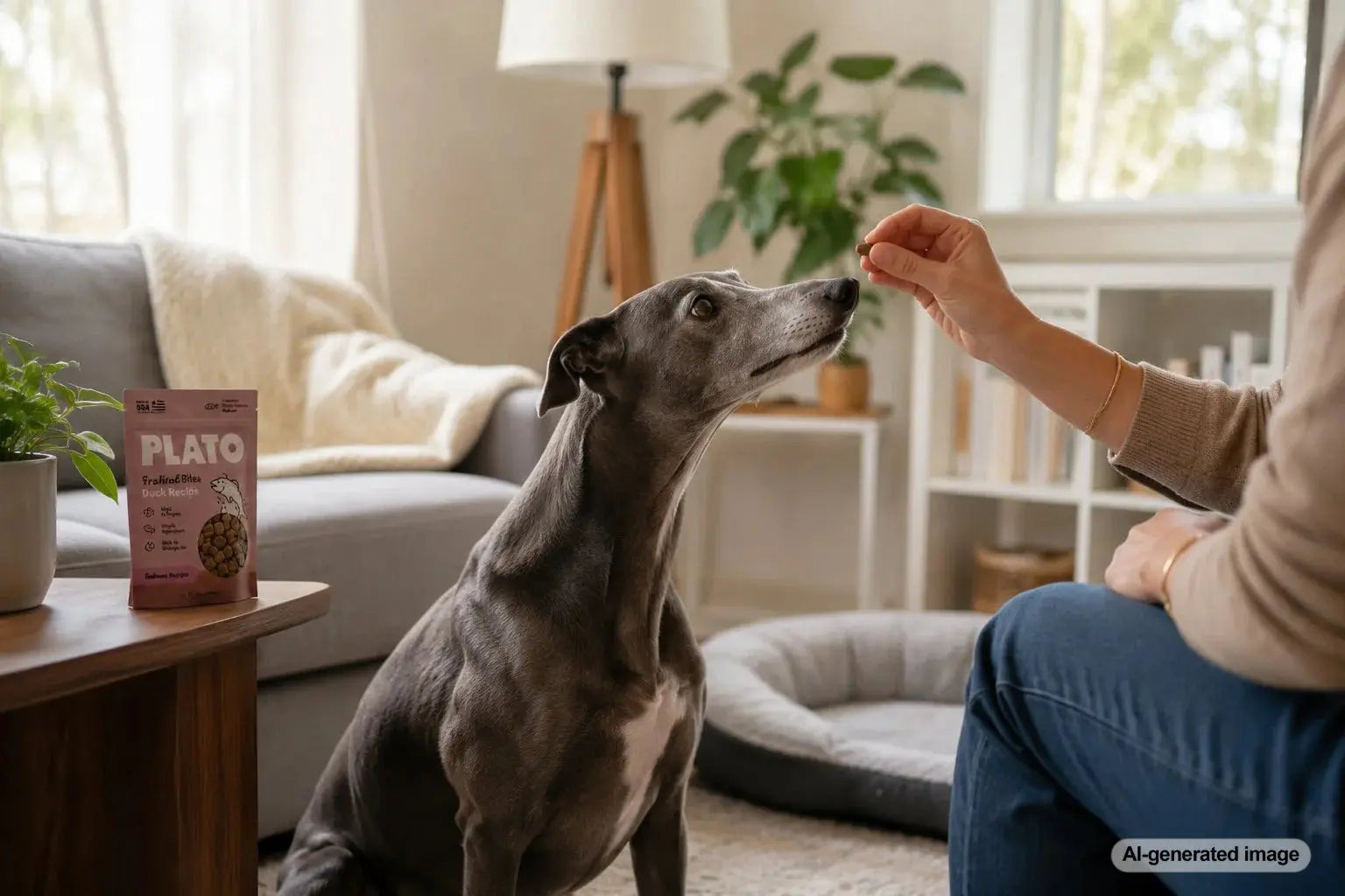 Greyhound adjusting to home life with gentle treat-based training and bonding moments