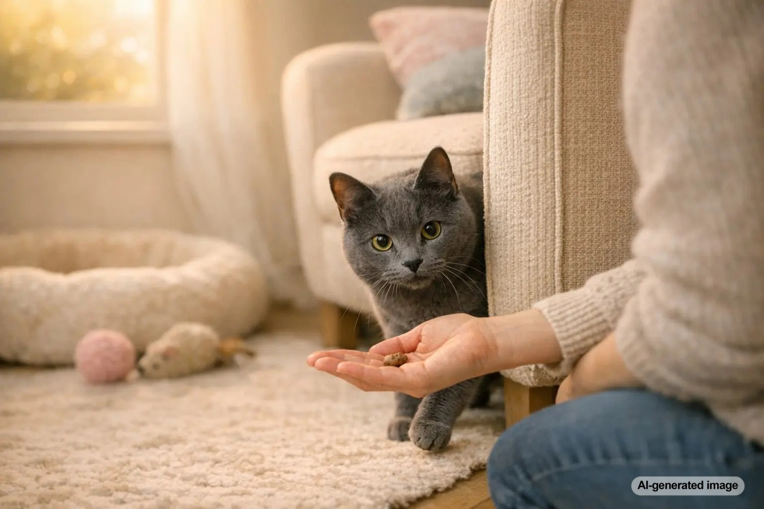 A shy cat coming out of hiding with the help of delicious Plato Pet Treats