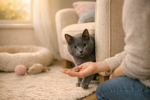 A shy cat coming out of hiding with the help of delicious Plato Pet Treats