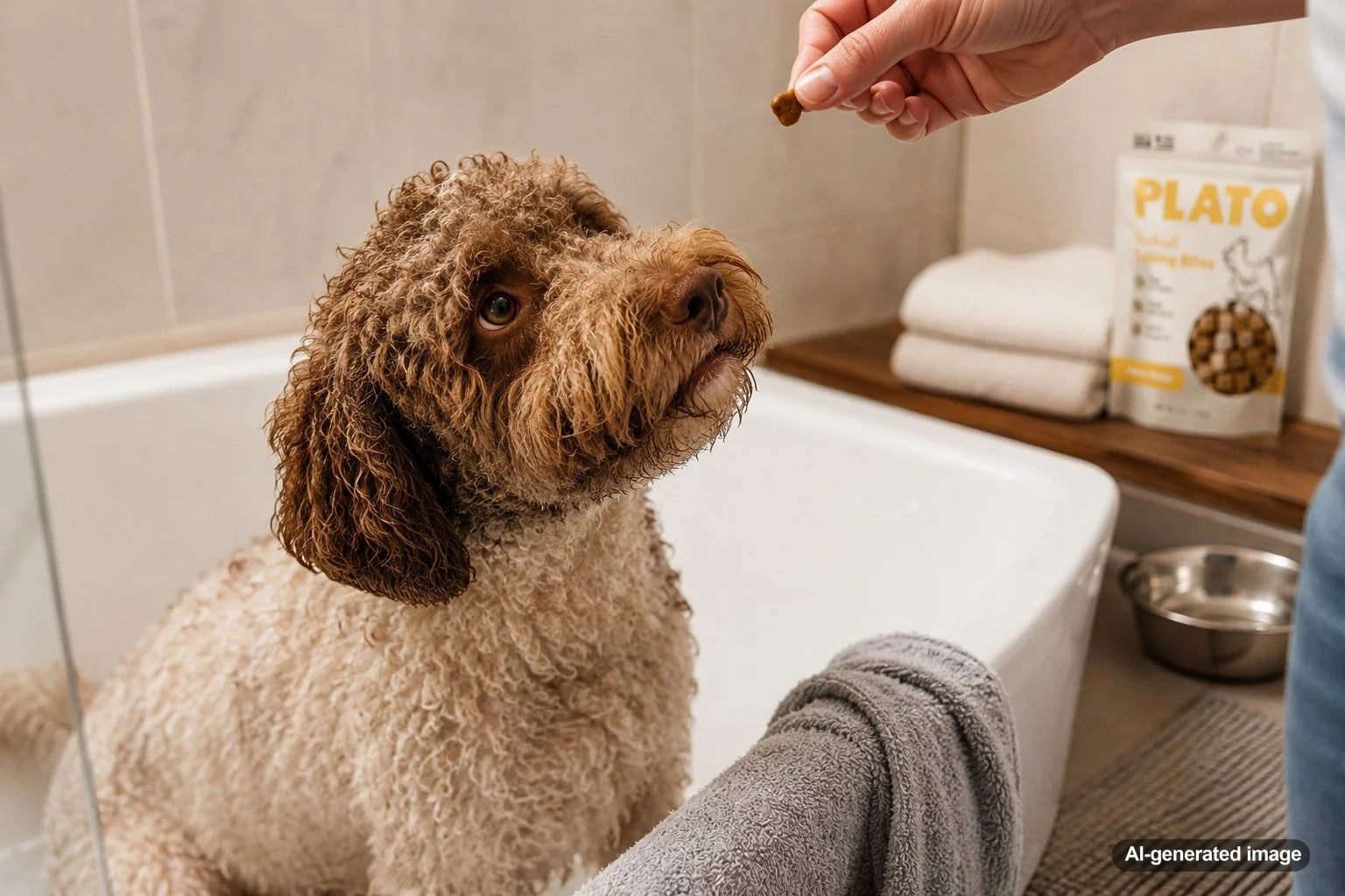 Dog receiving a small training treat during a calm bath time routine