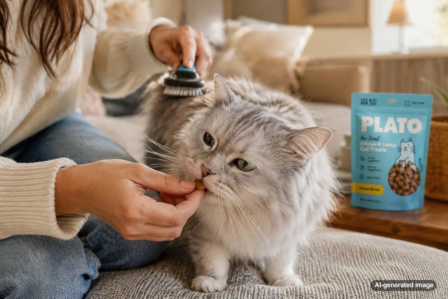 Cat grooming made less stressful using treats to encourage calm behavior and positive associations during brushing