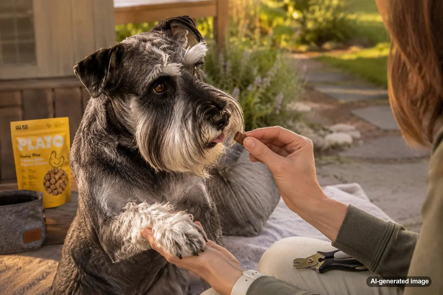Dog receiving treats during a calm nail trim training session
