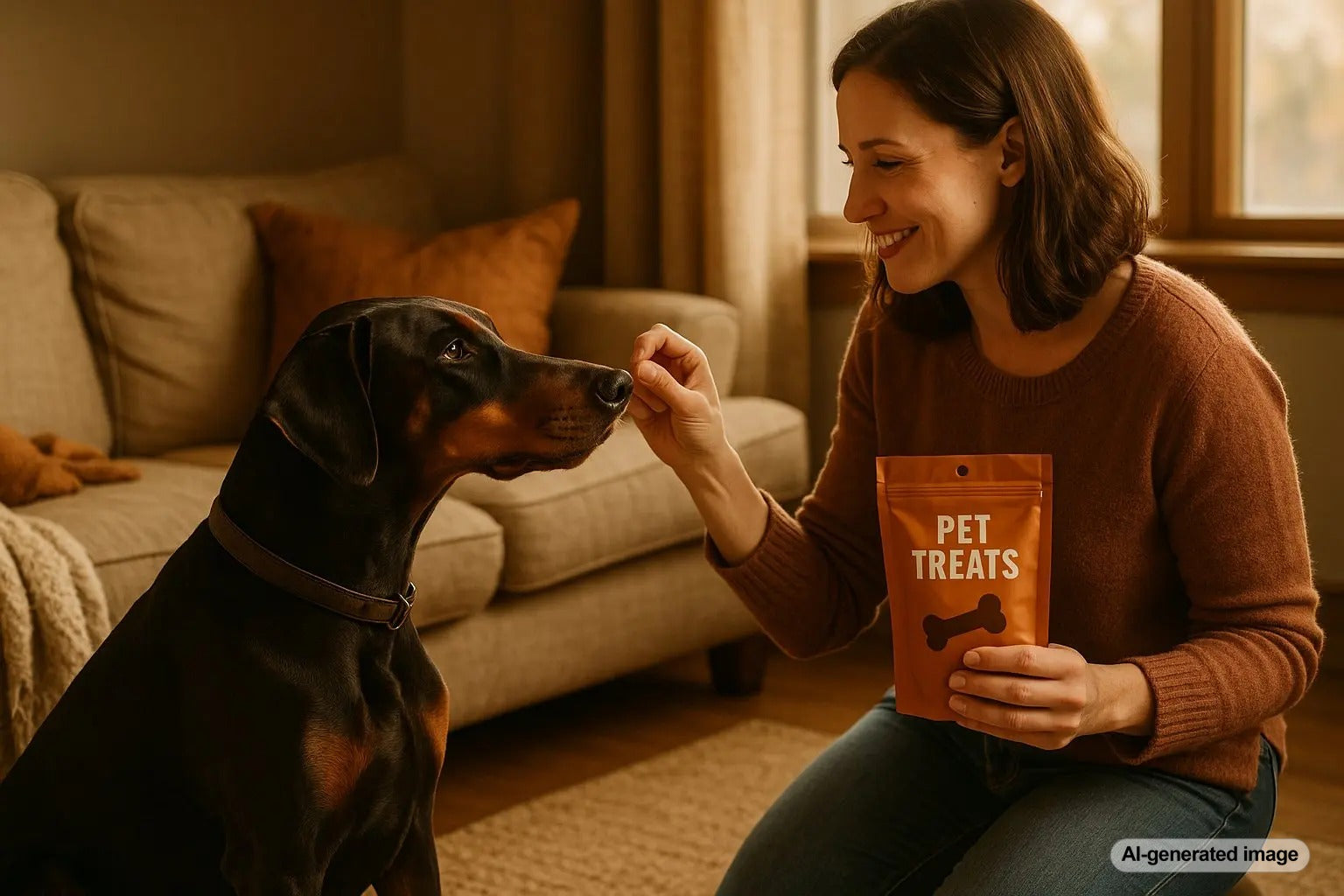 Doberman enjoying treats to manage separation anxiety